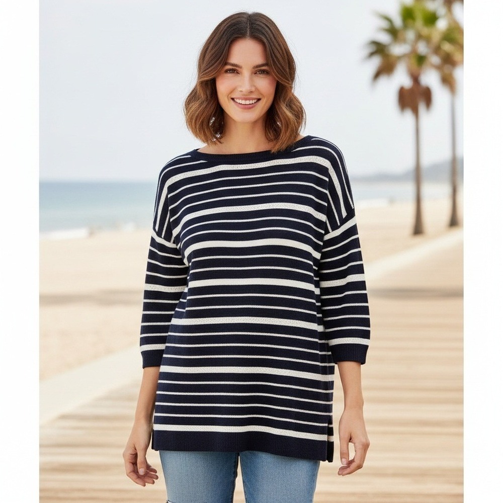 Talbots Sweater Women's L Striped 3/4‎ Sleeve Lightweight Knit Linen Blend Navy